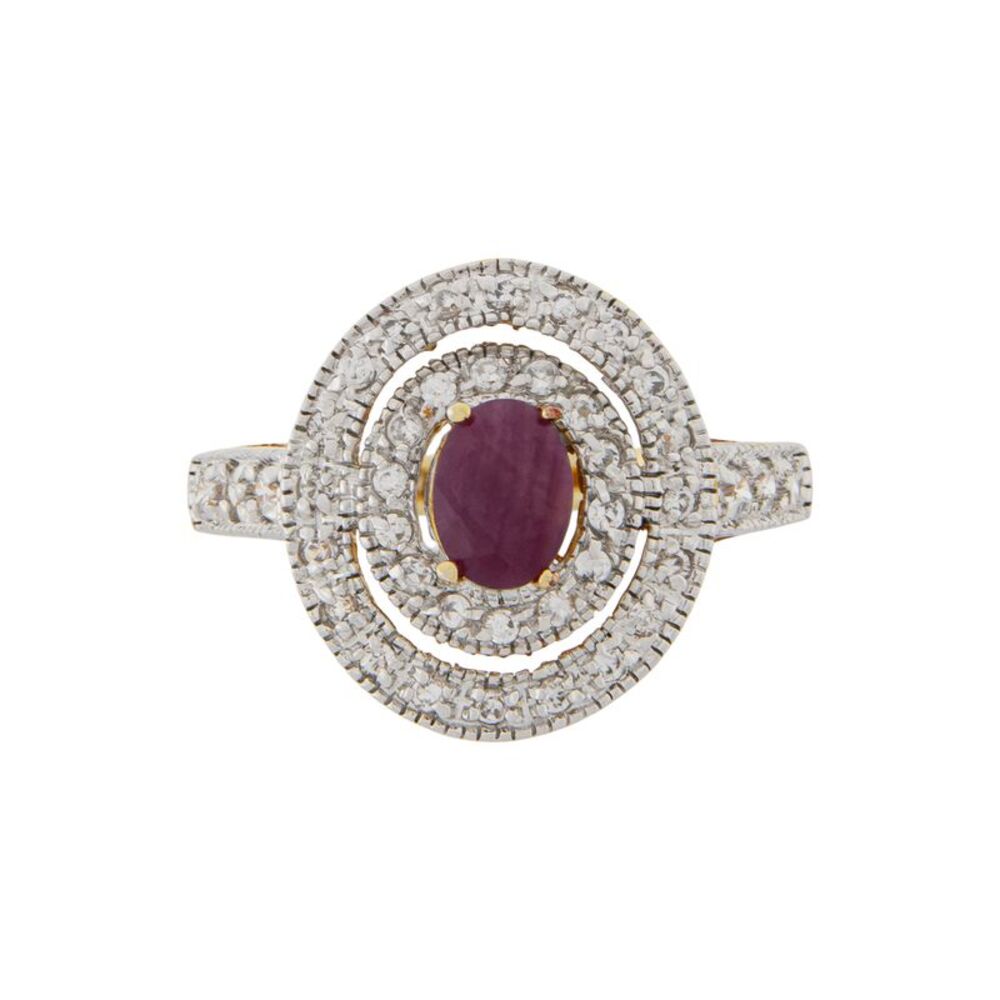 Art Deco Vintage Inspired Oval Genuine Ruby and Cubic Zirconia Ring, Size 10